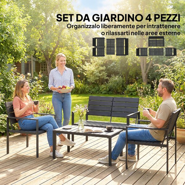 VivaGarden Salotto da Giardino con Divano 2 Posti 2 Sedie e Tavolino in HDPE/Metallo colore Nero