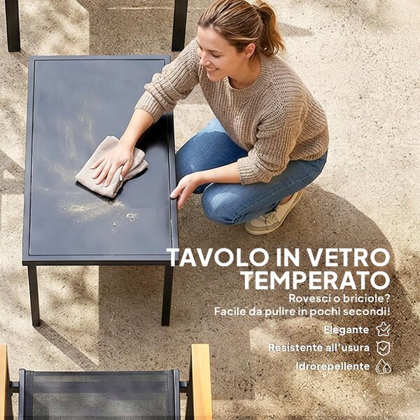 VivaGarden Salotto da Giardino con Divano 2 Posti 2 Sedie e Tavolino in Metallo/Texteline colore Nero