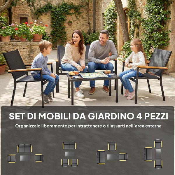 VivaGarden Salotto da Giardino con Divano 2 Posti 2 Sedie e Tavolino in Metallo/Texteline colore Nero