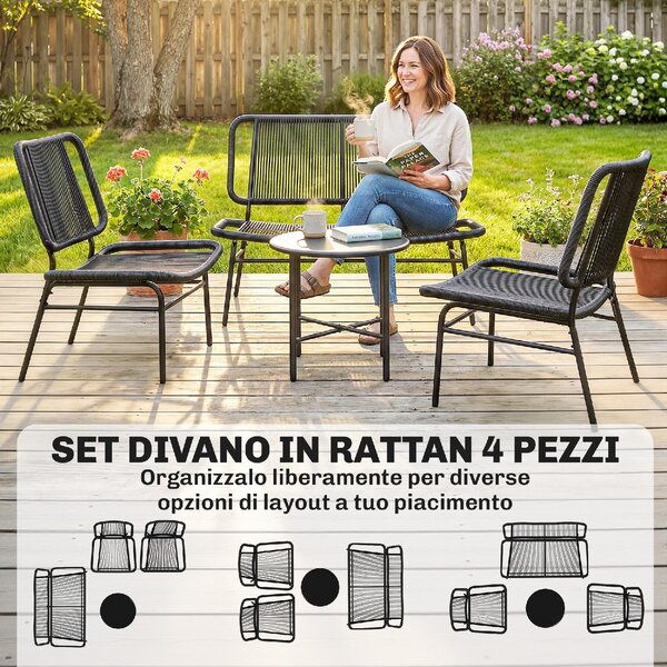 VivaGarden Salotto da Giardino con Divano 2 Posti 2 Sedie e Tavolino in Rattan PE/Metallo colore Nero