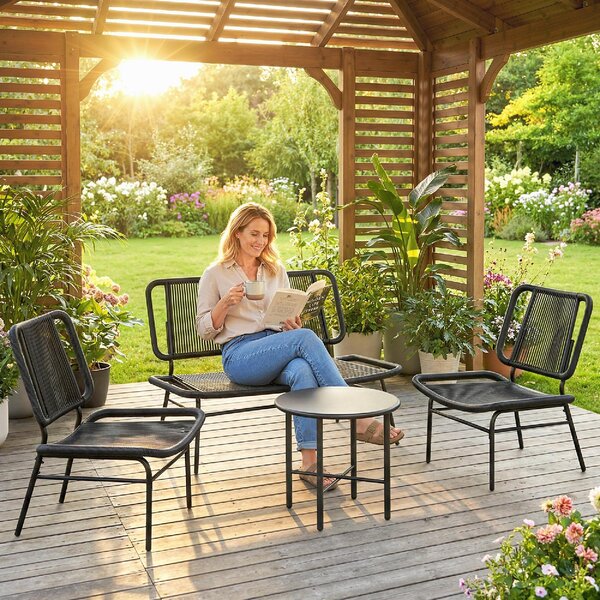 VivaGarden Salotto da Giardino con Divano 2 Posti 2 Sedie e Tavolino in Rattan PE/Metallo colore Nero