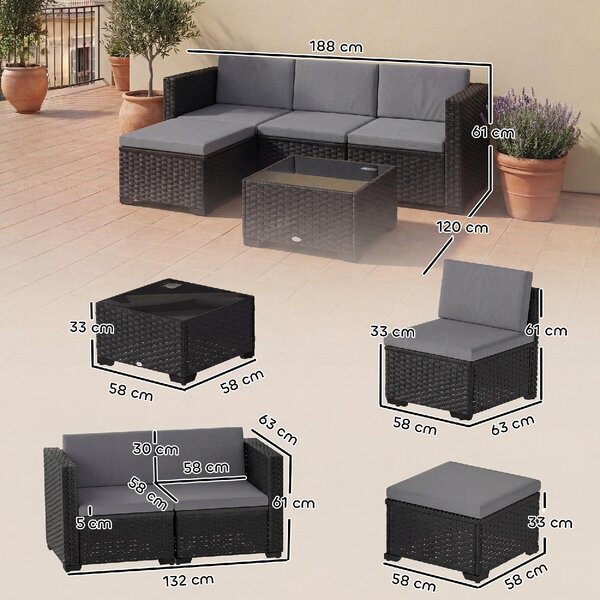 VivaGarden Salotto da Giardino con Divano 3 Posti e Tavolino con Cuscini in Vimini colore Nero/Grigio