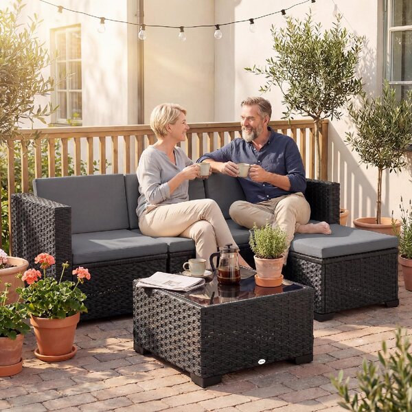 VivaGarden Salotto da Giardino con Divano 3 Posti e Tavolino con Cuscini in Vimini colore Nero/Grigio