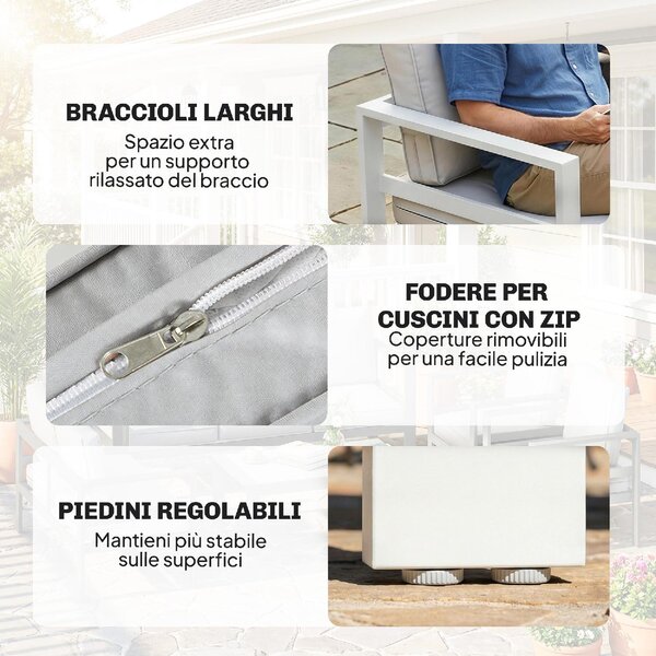 VivaGarden Salotto da Giardino con Divano 3 Posti Divano 2 Posti 2 Sedie e Tavolino con Cuscini in Alluminio colore Bianco