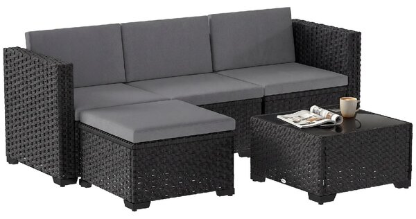 VivaGarden Salotto da Giardino con Divano 3 Posti e Tavolino con Cuscini in Vimini colore Nero/Grigio