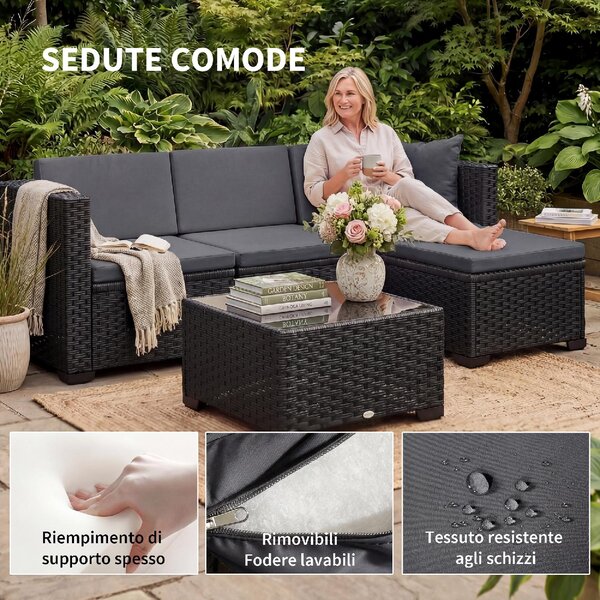 VivaGarden Salotto da Giardino con Divano 3 Posti e Tavolino con Cuscini in Vimini colore Nero/Grigio