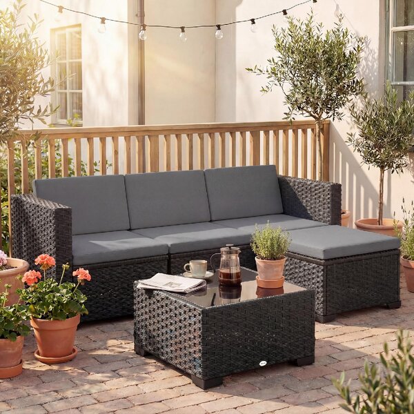 VivaGarden Salotto da Giardino con Divano 3 Posti e Tavolino con Cuscini in Vimini colore Nero/Grigio
