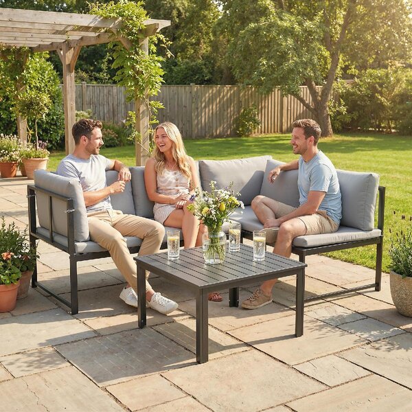 VivaGarden Salotto da Giardino con Divano Angolare 4 Posti e Tavolino con Cuscini in Metallo/Poliestere colore Grigio