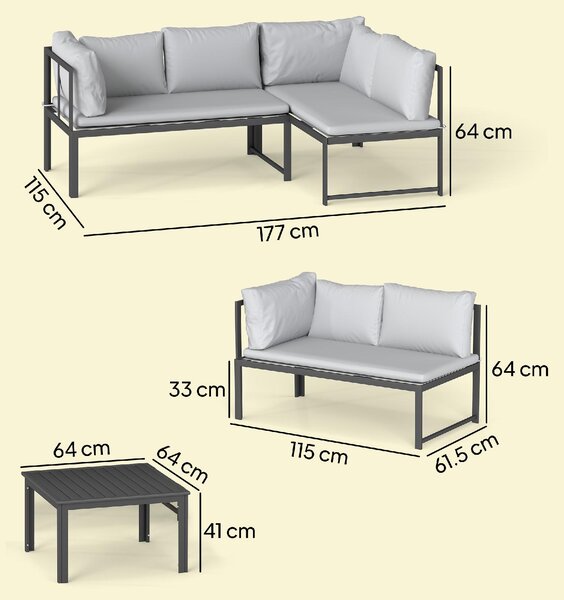 VivaGarden Salotto da Giardino con Divano Angolare 4 Posti e Tavolino con Cuscini in Metallo/Poliestere colore Grigio