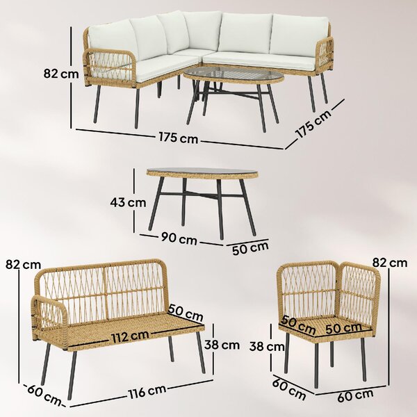 VivaGarden Salotto da Giardino con Divano Angolare e Tavolino in Acciaio/Rattan PE colore Legno/Crema