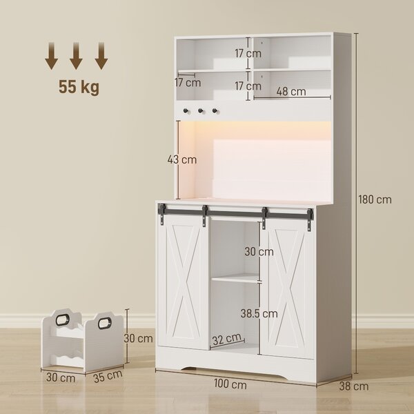 HOMCOM Credenza Cucina con Prese Elettriche, Luce LED, Portabottiglie e Ante Scorrevoli, 100x38x180 cm, Bianco | Aosom Italy
