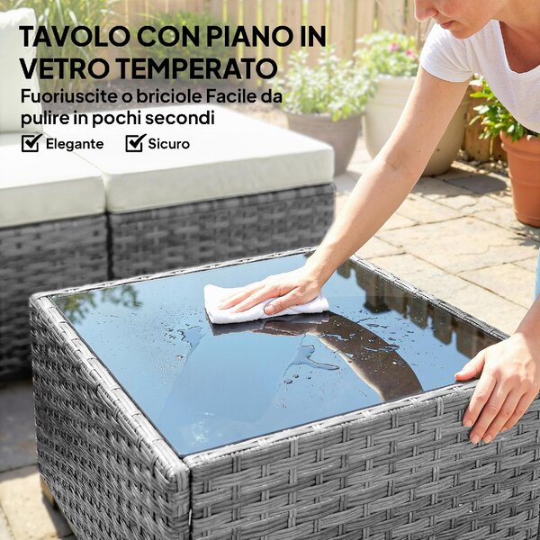 VivaGarden Salotto da Giardino con Divano Angolare e Tavolino con Cuscini in Rattan/Acciaio colore Grigio