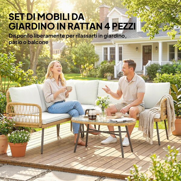 VivaGarden Salotto da Giardino con Divano Angolare e Tavolino in Acciaio/Rattan PE colore Legno/Crema
