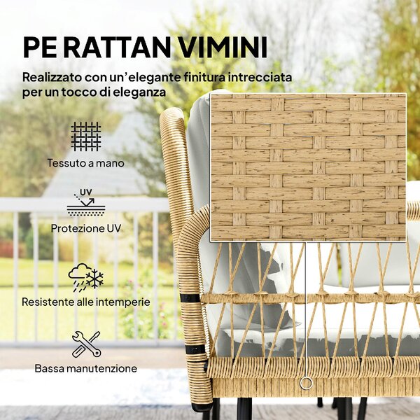 VivaGarden Salotto da Giardino con Divano Angolare e Tavolino in Acciaio/Rattan PE colore Legno/Crema