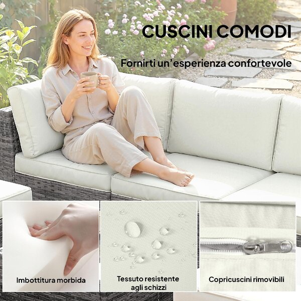 VivaGarden Salotto da Giardino con Divano Angolare e Tavolino con Cuscini in Rattan/Acciaio colore Grigio