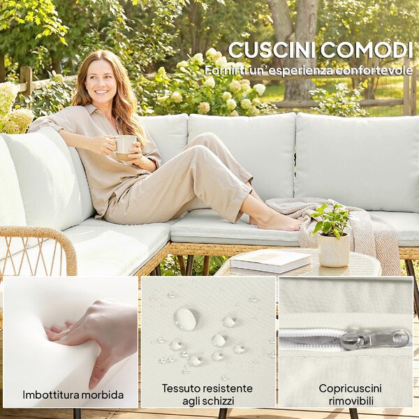 VivaGarden Salotto da Giardino con Divano Angolare e Tavolino in Acciaio/Rattan PE colore Legno/Crema