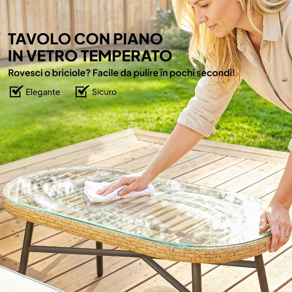 VivaGarden Salotto da Giardino con Divano Angolare e Tavolino in Acciaio/Rattan PE colore Legno/Crema