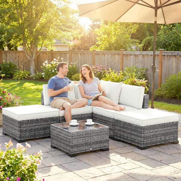 VivaGarden Salotto da Giardino con Divano Angolare e Tavolino con Cuscini in Rattan/Acciaio colore Grigio