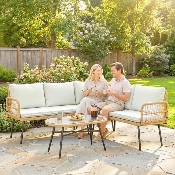 VivaGarden Salotto da Giardino con Divano Angolare e Tavolino in Acciaio/Rattan PE colore Legno/Crema
