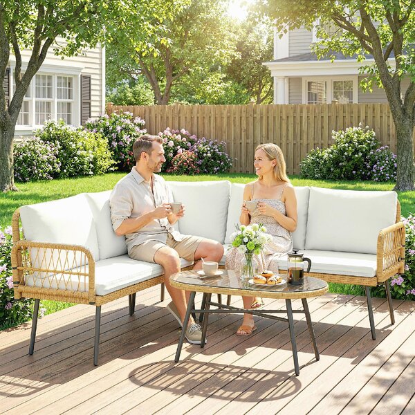 VivaGarden Salotto da Giardino con Divano Angolare e Tavolino in Acciaio/Rattan PE colore Legno/Crema