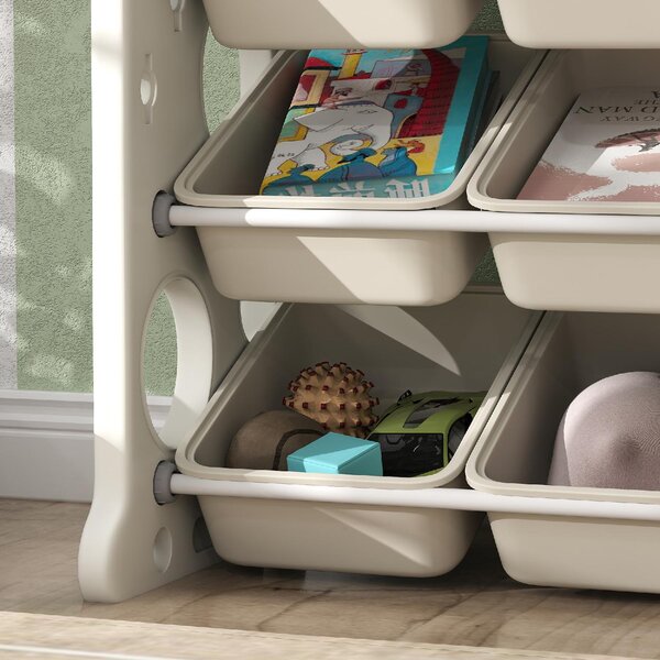 DecHome Scaffale Portagiochi a 4 Livelli con 9 Contenitori e Gancio Laterale in HDPE 77x42x94 cm colore Bianco Crema