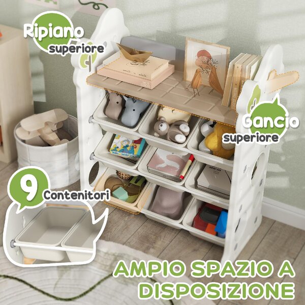 DecHome Scaffale Portagiochi a 4 Livelli con 9 Contenitori e Gancio Laterale in HDPE 77x42x94 cm colore Bianco Crema