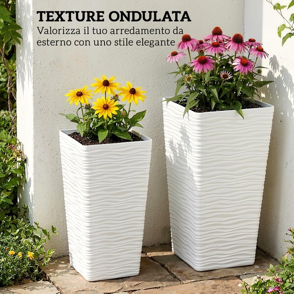 Outsunny Set 3 Vasi da Esterno Impilabili con Motivo Ondulato in Plastica, 42/55/65 cm, Bianco | Aosom Italy