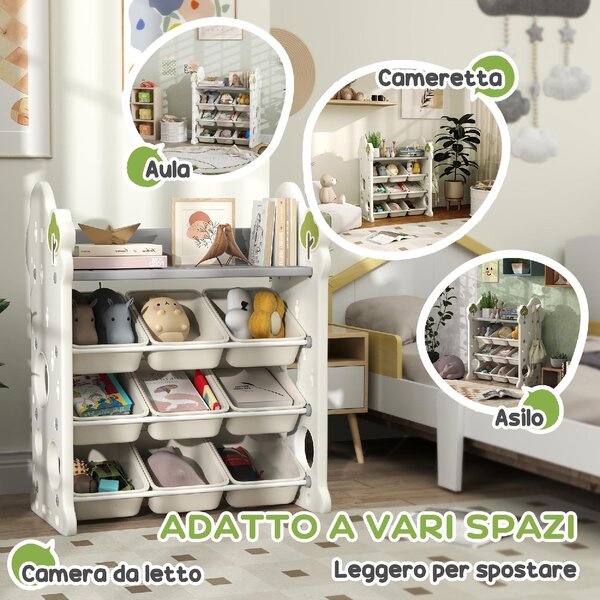 DecHome Scaffale Portagiochi a 4 Livelli con 9 Contenitori e Gancio Laterale in HDPE 77x42x94 cm colore Bianco Crema