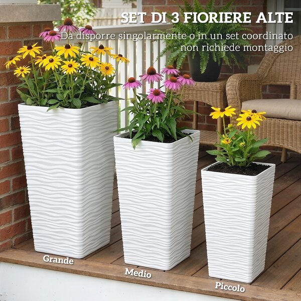 Outsunny Set 3 Vasi da Esterno Impilabili con Motivo Ondulato in Plastica, 42/55/65 cm, Bianco | Aosom Italy