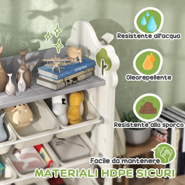 DecHome Scaffale Portagiochi a 4 Livelli con 9 Contenitori e Gancio Laterale in HDPE 77x42x94 cm colore Bianco Crema