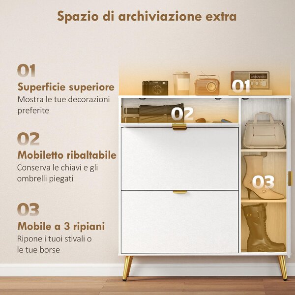 DecHome Scarpiera Salvaspazio Slim 12 Paia 1 Anta Battente 3 Ante a Ribalta Dimensioni 99.4x23.8x106.6 cm colore Bianco