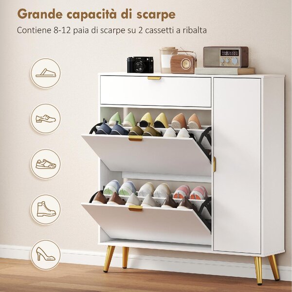 DecHome Scarpiera Salvaspazio Slim 12 Paia 1 Anta Battente 3 Ante a Ribalta Dimensioni 99.4x23.8x106.6 cm colore Bianco