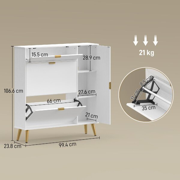 DecHome Scarpiera Salvaspazio Slim 12 Paia 1 Anta Battente 3 Ante a Ribalta Dimensioni 99.4x23.8x106.6 cm colore Bianco