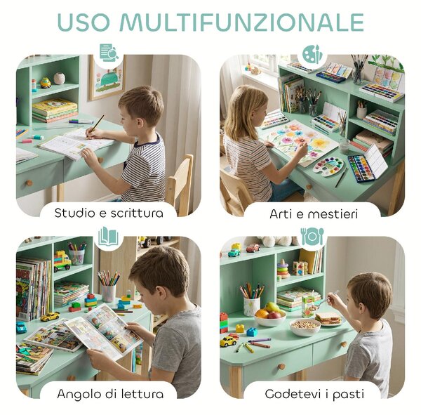 DecHome Scrivania per Bambini 5-12 Anni 2 Cassetti 3 Ripiani in Legno 90x52x105 cm colore Verde
