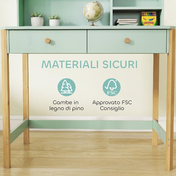 DecHome Scrivania per Bambini 5-12 Anni 2 Cassetti 3 Ripiani in Legno 90x52x105 cm colore Verde