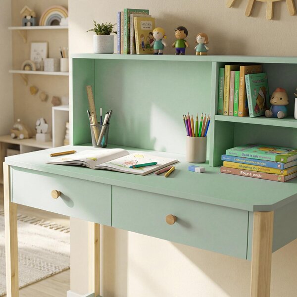 DecHome Scrivania per Bambini 5-12 Anni 2 Cassetti 3 Ripiani in Legno 90x52x105 cm colore Verde
