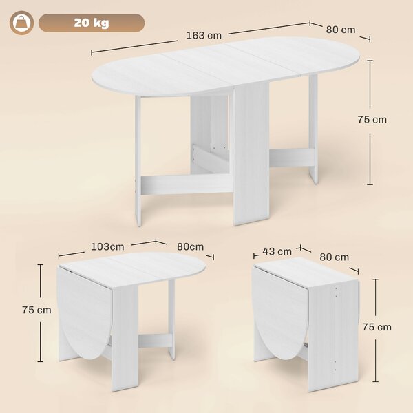 HOMCOM Tavolo Pieghevole per 6 Persone con 2 Ribalte Ovale in Legno, 163x80x75 cm, Bianco | Aosom Italy