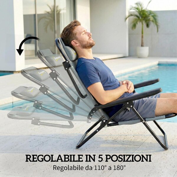 VivaGarden Sdraio da Giardino Pieghevole con Poggiatesta Set 2 Sdraio in Metallo/Poliestere Dimensioni 63x75x80 cm colore Grigio Chiaro