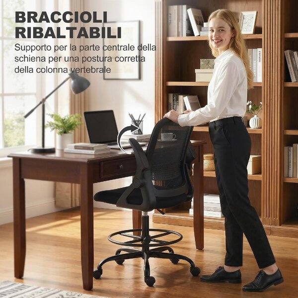 Icon Space Sedia da Ufficio Ergonomica Supporto Lombare e Poggiapiedi in Tessuto e Acciaio 58x63x105-126 cm colore Nero