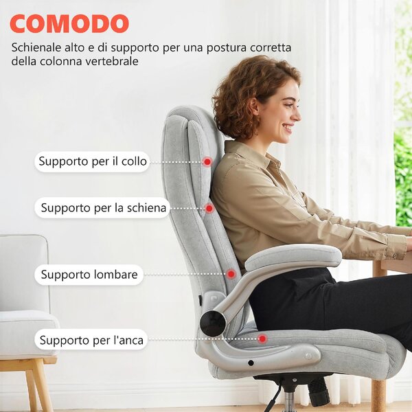 Icon Space Sedia da Ufficio Ergonomica Schienale Alto e Braccioli Ribaltabili 68x69x118 cm colore Bianco Crema