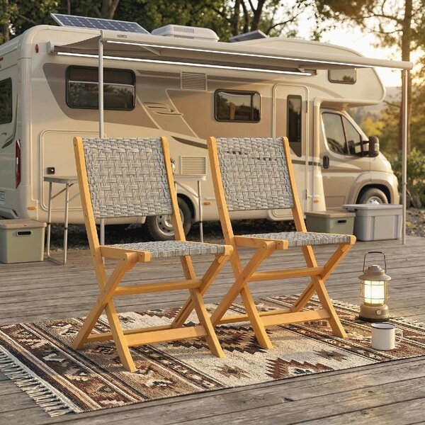 VivaGarden Sedia per Esterni Pieghevole Set 2 Sedie da Giardino in Rattan PE/Legno di Acacia Dimensioni 47.5x56x88 cm colore Grigio