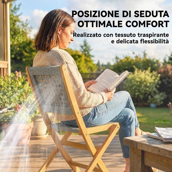 VivaGarden Sedia per Esterni Pieghevole Set 2 Sedie da Giardino in Rattan PE/Legno di Acacia Dimensioni 47.5x56x88 cm colore Grigio