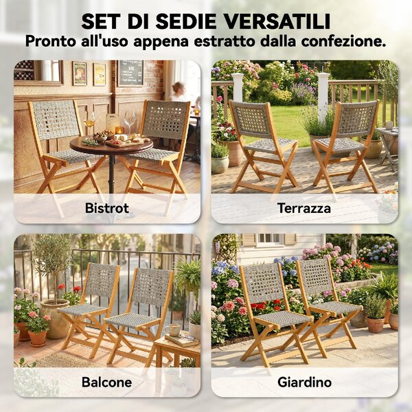 VivaGarden Sedia per Esterni Pieghevole Set 2 Sedie da Giardino in Rattan PE/Legno di Acacia Dimensioni 47.5x56x88 cm colore Grigio