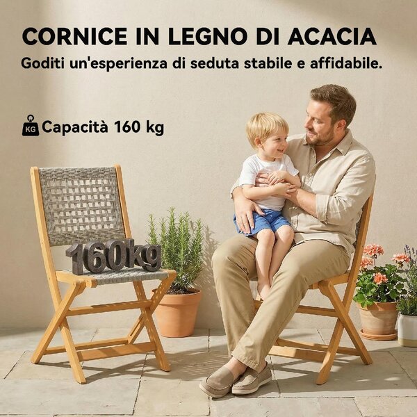 VivaGarden Sedia per Esterni Pieghevole Set 2 Sedie da Giardino in Rattan PE/Legno di Acacia Dimensioni 47.5x56x88 cm colore Grigio
