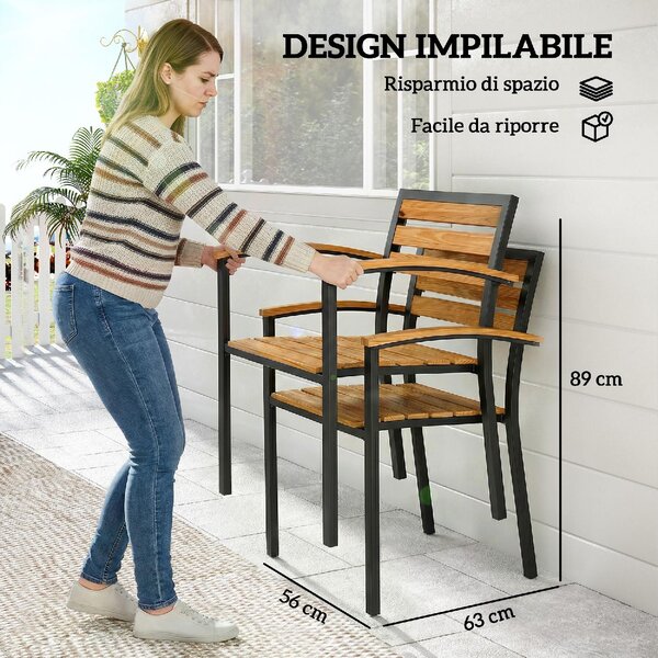 VivaGarden Sedia per Esterni Set 2 Sedie da Giardino Impilabili in Legno/Acciaio Dimensioni 56x59x84 cm colore Legno Naturale