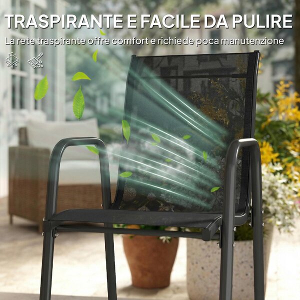 VivaGarden Sedia per Esterni Set 4 Sedie da Giardino Impilabili in Metallo/Poliestere Dimensioni 51x69x87 cm colore Nero
