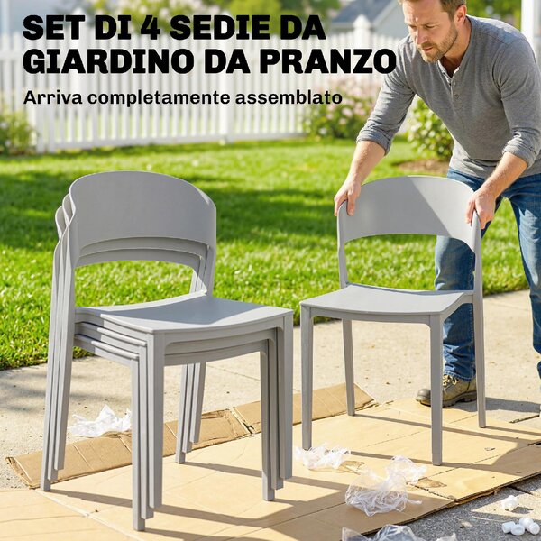 VivaGarden Sedia per Esterni Set 4 Sedie da Giardino Impilabili in PP Dimensioni 48x54x79 cm colore Grigio Chiaro