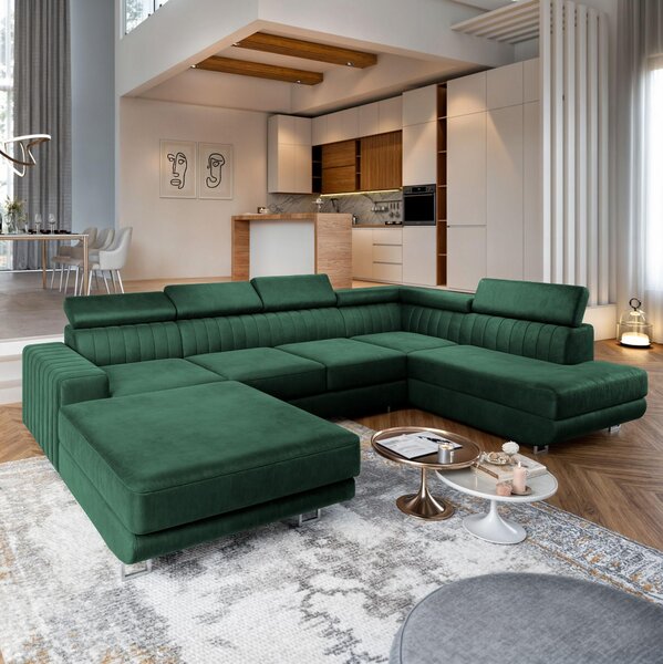 Divano angolare Masseno SIENA R-S con funzione letto a U, divano con box letto, divano da soggiorno, divano, divano letto, set di divani - verde, MONOLITH 37