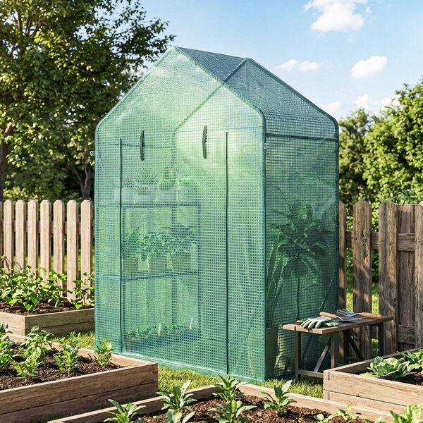 VivaGarden Serra da Giardino con Scaffale a 2 Ripiani e Porta Avvolgibile 143x73x195 cm colore Verde