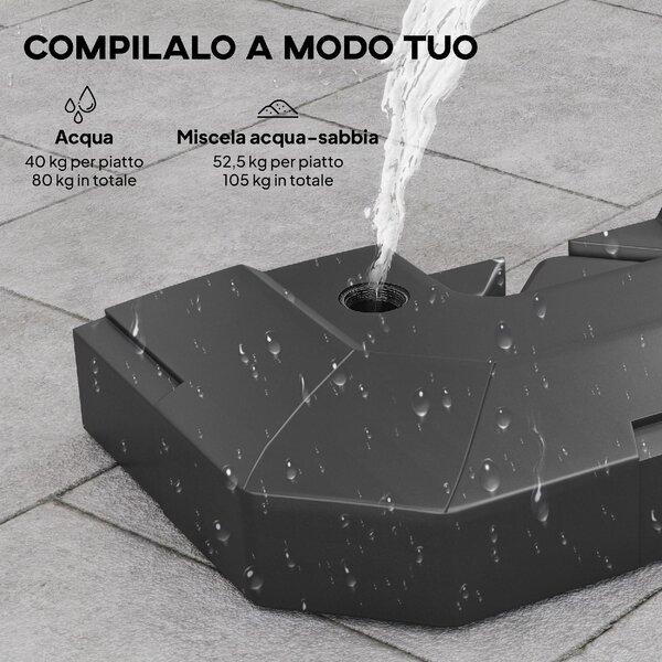 VivaGarden Set 2 Basi per Ombrellone da Giardino in HDPE Riempibili fino a 105 kg 101x101x12 cm colore Nero